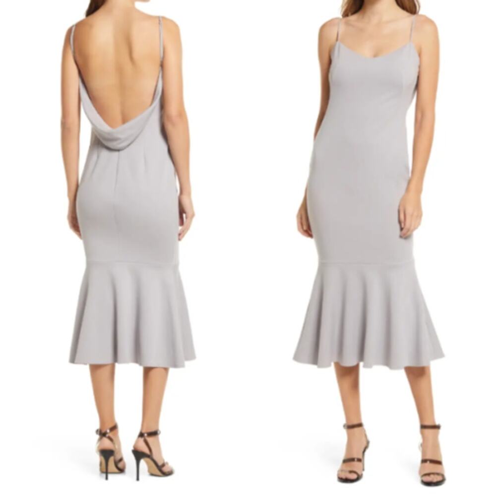 Katie May Twirl Dress in Dove Gray Draped Back Midi Dress XS NWT